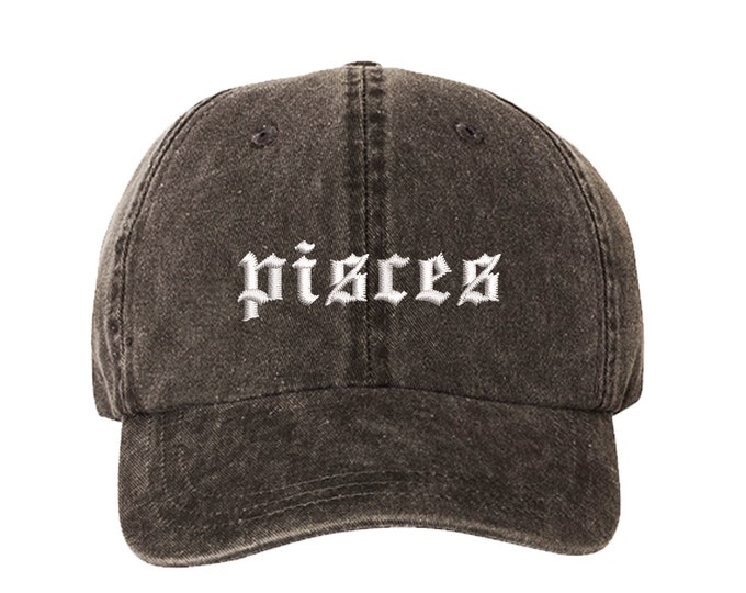 Pisces Lowercase Old English Washed Dad Hat, Zodiac Sign Baseball Hat, Embroidered Baseball Hat, Unisex Dad Hat, Womens Baseball Hat