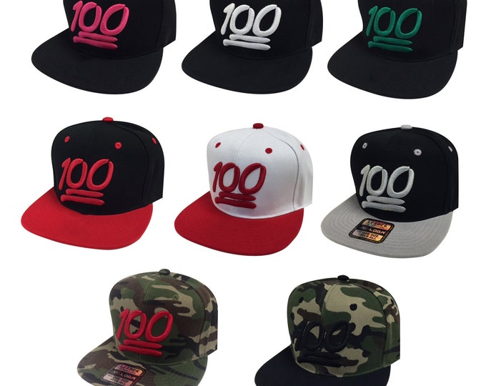 100 Emoji Hat , Flat Bill Snapback 3D Embroidered, One Hundred Emoji Hat, Custom Stitched Flat Bill Snapback Hip Hop Hat