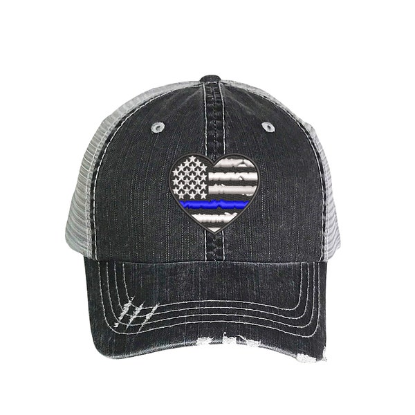 Police Heart Trucker Hat, Blue Thin Line Distressed Trucker Hat, Embroidered Trucker Caps, Unisex Mesh Back Trucker Hat, Summer Cap Hat