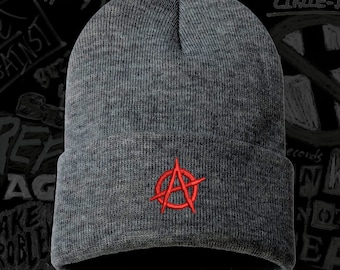 Embroidered Anarchy Symbol Beanie, Cuffed Winter Hat