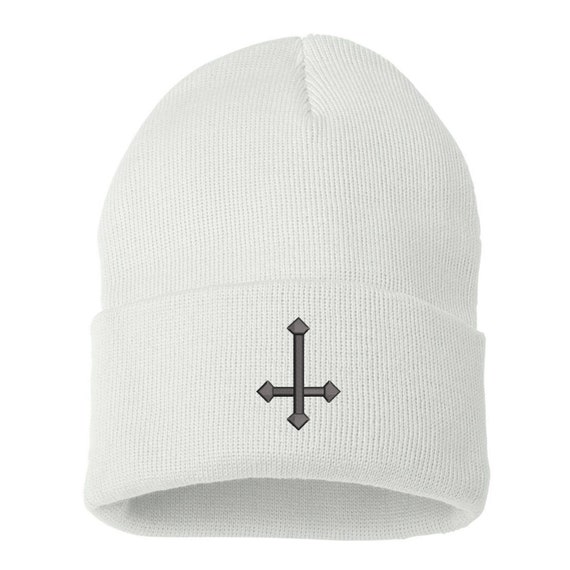 Upside Down Cross Unisex Beanie, Cuffed Beanie, Cross Beanie