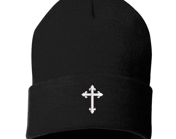 Gothic Cross Unisex Cuffed Beanie Hat, Unisex Beanie, Gothic Cross Beanie, Christian Cross Hat, Religious Beanie, Faith Beanie, Faith Hat