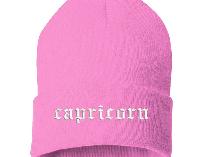 Capricorn Lowercase Embroidered Beanie Cuffed Cap, Unisex, Messy Bun Beanie Slouch Beanie, Astrology Gift