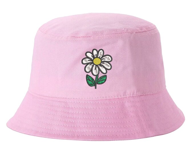 Daisy Stem Flower Bucket Hat, Unisex Embroidered Hat, Floral Bucket Hat, Daisy Hat, Unisex Beach Bucket Hats, Spring Fashion Bucket Hat