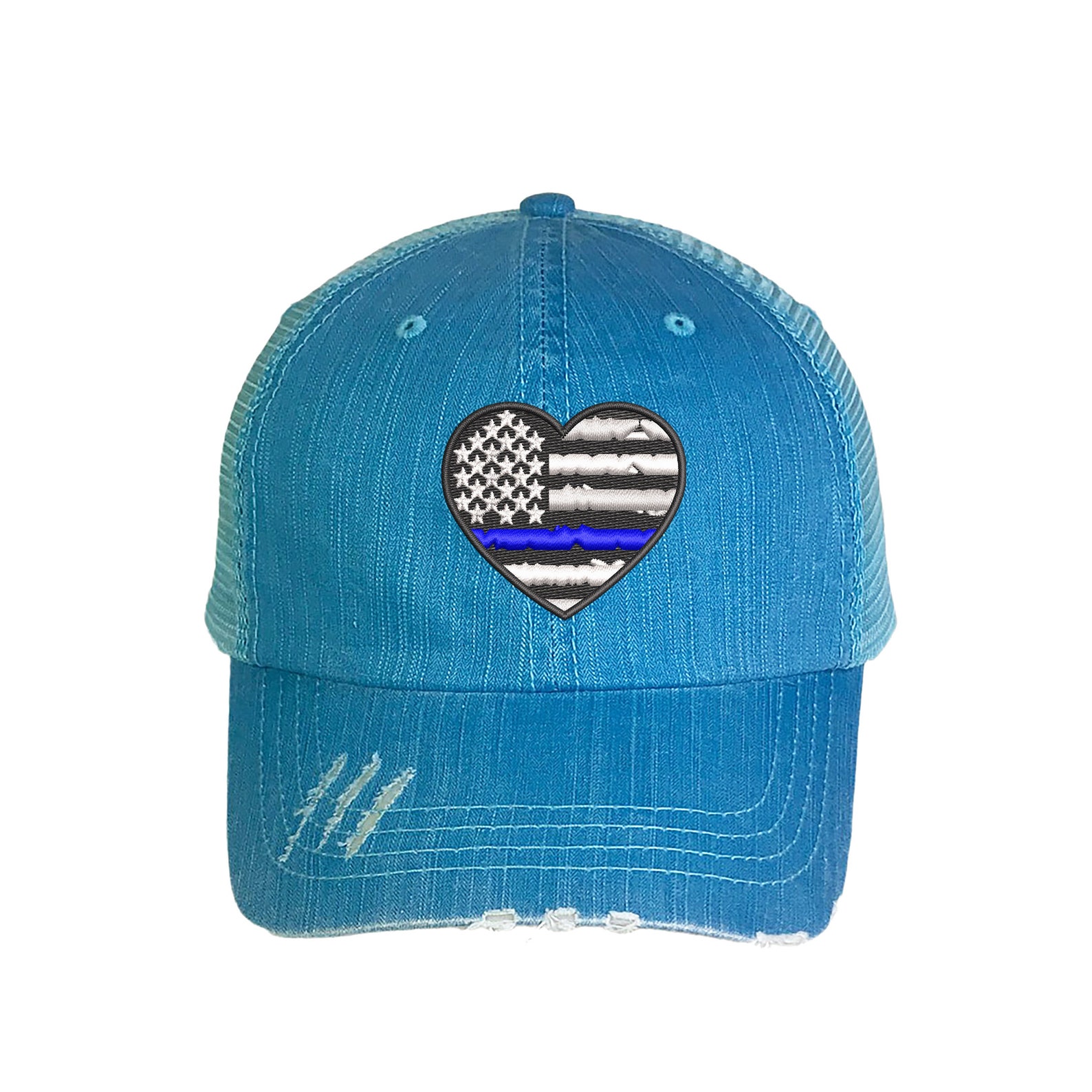 Police Heart Trucker Hat Blue Thin Line Distressed Trucker | Etsy