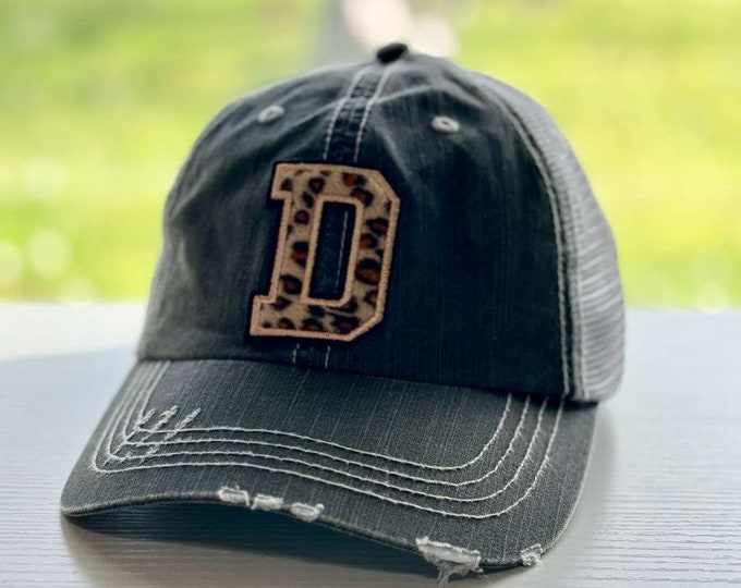 Trendy Leopard Patch Initial Distressed Trucker Hat, Personalized leopard Patch hat, Customized Trucker Hat, Baseball Hat with Your Initials