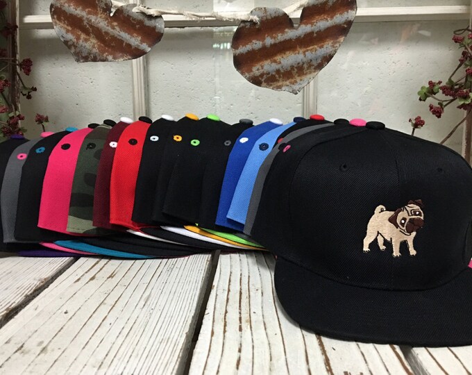 PUG Embroidered Flat Bill Snapback Hat Cap - Many Colors