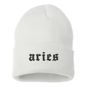 Aries Lowercase Embroidered Beanie Cuffed Cap, Unisex, Messy Bun Beanie Slouch Beanie, Astrology Gift
