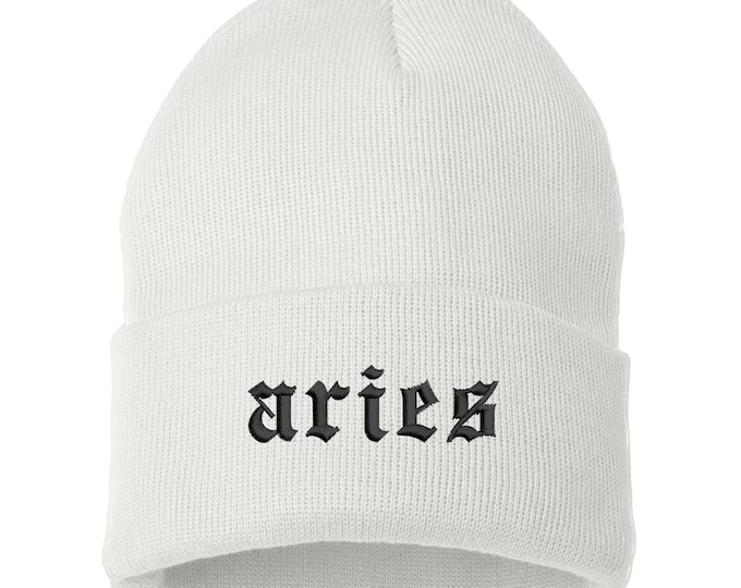 Aries Lowercase Embroidered Beanie Cuffed Cap, Unisex, Messy Bun Beanie Slouch Beanie, Astrology Gift