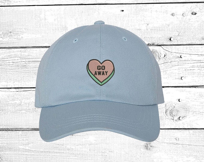 Go Away Hats Candy Heart Baseball Hat, Valentines Gift, Funny gift, Heart Love Go Away Patch Funny Patch Cap