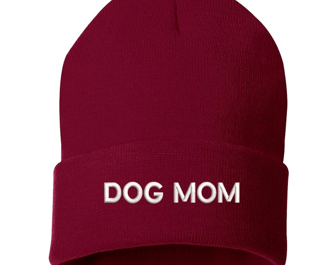 DOG MOM Beanie Cuffed Cap, For Pet Lovers Slouched Beanie, Messy Hair Beanies Black Cuffed Beanie Gifts for Pet Lovers Embroidered Beanie