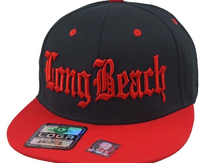 Flat Bill Snapback Cap Hat  "LONG BEACH" Hip Hop Black/Red