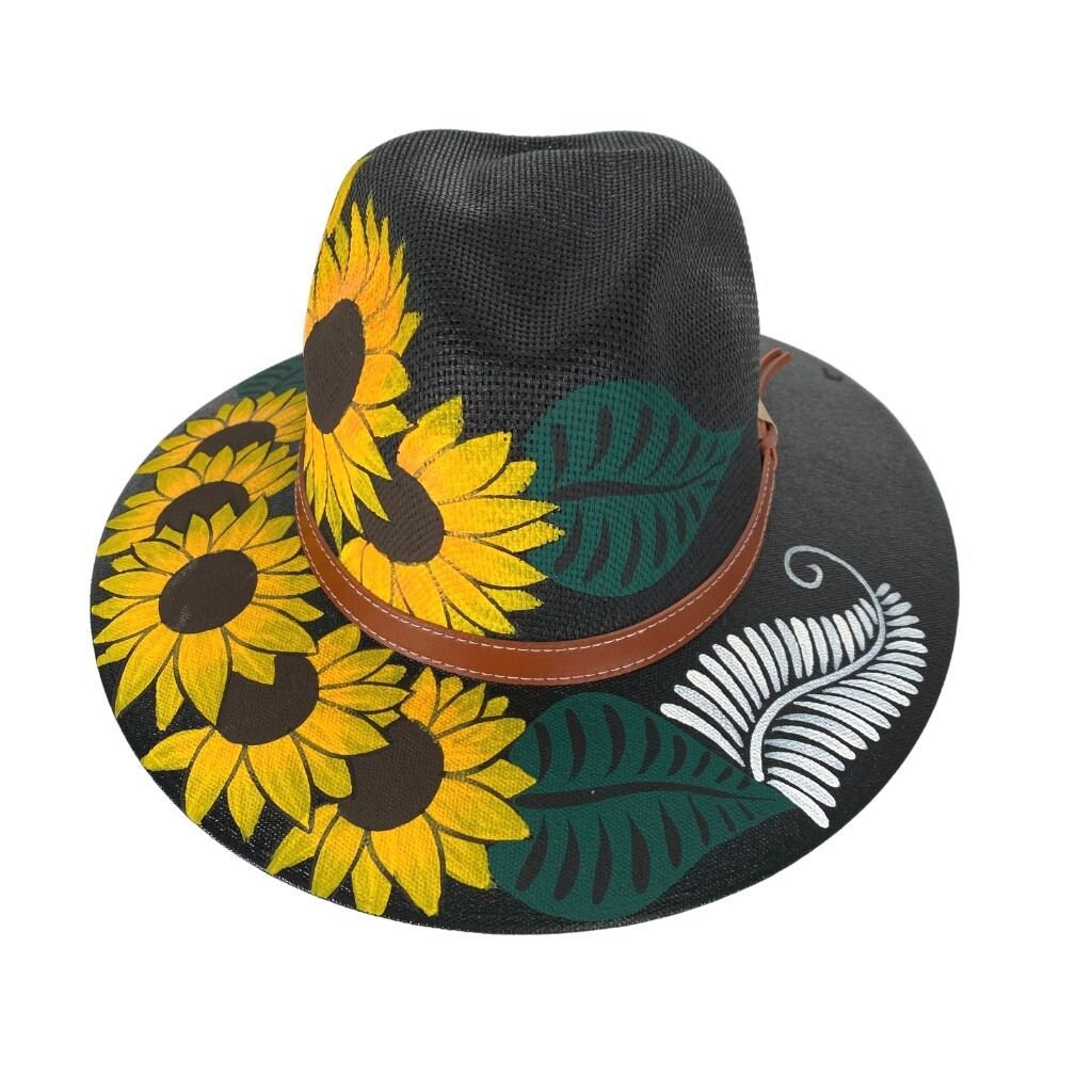 Hand Painted Floral Hat Black Sunflower Wide Brim Hat Size M Mexico Rancher Hat Custom Burned with Sunflowers - Black main image 4