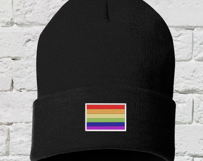Pride Flag Cuffed Beanie Hat, Pride Beanie, Pride Flag Beanie, Pride Hat, LGBTQ+ Hats, LGBTQ+ Wear, Rainbow Flag Beanie, Rainbow Cap