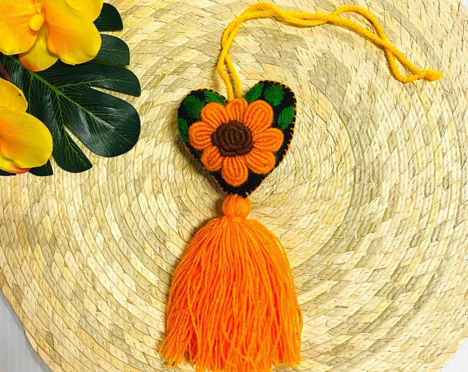 Embroidered Sunflower Heart Tassel, Sunflower Tassel Keychain, Heart Bag Charm, Handmade Tassel Keychain, Heart Purse Tassel