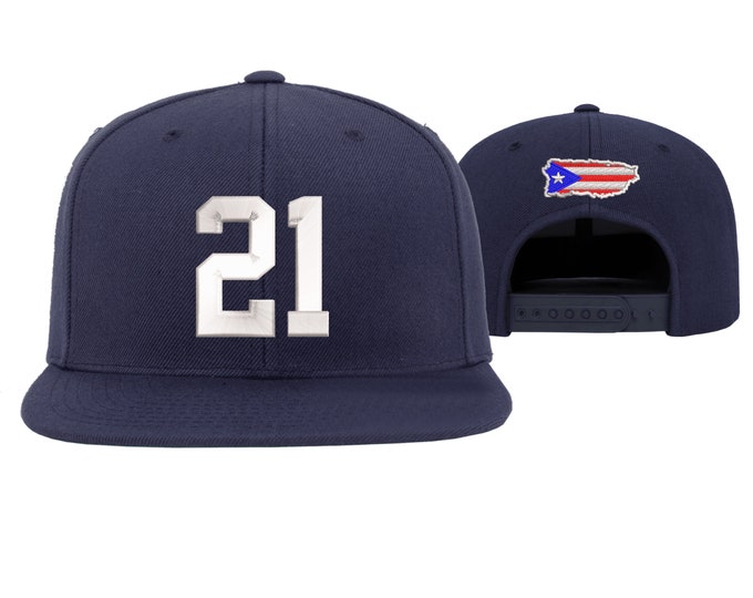 Roberto Clemente 21 Flat Bill Snapback Cap, Puerto Rico Baseball Hat Puerto Rican Hats, Embroidered Baseball Cap, PR Hat , Boricua Hats