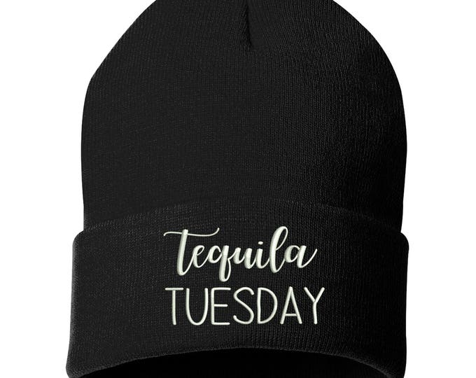 TEQUILA TUESDAY Embroidered Beanie Cuffed Cap, Black