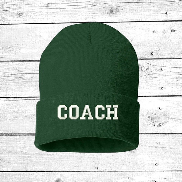 COACH Winter Hat Football Embroidered Beanie Cuffed Cap, Unisex, Messy Bun Beanie Baseball Coach Gift Slouch Beanie, Funny Gift