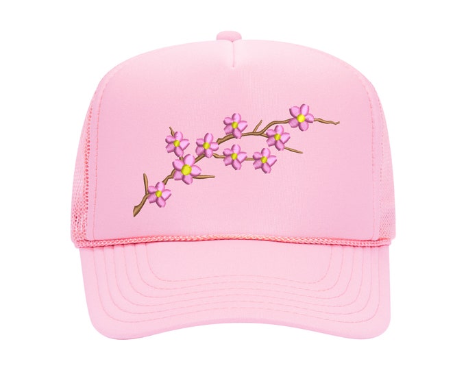 Cherry Blossom Embroidered Foam Trucker hat, Vacation Baseball Cap, Flower Mode Cap, Spring, Summer Trucker Hat, Unisex Spring Hat