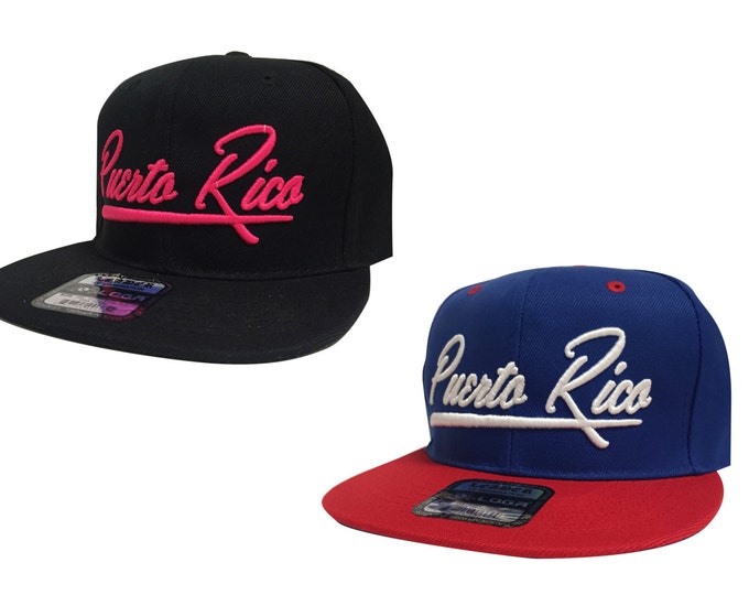 Puerto Rico Script 3D Embroided Flat Bill Snapback Hat Baseball Cap