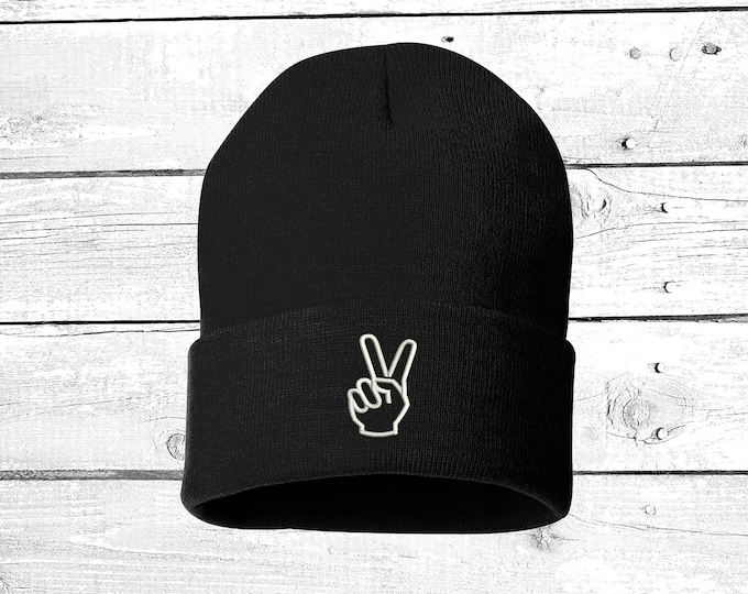 Peace Sign Embroidered Beanie Cuffed Cap, Peace Hand Gifts Peace Symbol Unisex Beanie Hat gift for Birthday Gift Positive Message Hats