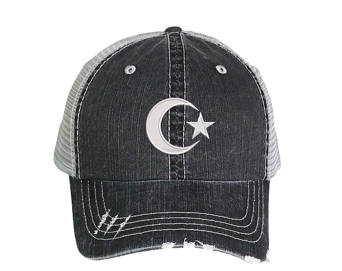 Moon and Star Trucker Hat, Crescent and Star Distressed Trucker Hat, Embroidered Trucker Caps, Unisex Mesh Back Trucker Hat, Summer Cap Hat