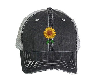 Sunflower Distressed Trucker Cap, Sunflower Distressed Trucker Hat, Floral Trucker Cap, Flower Trucker Caps, Ponytail hats