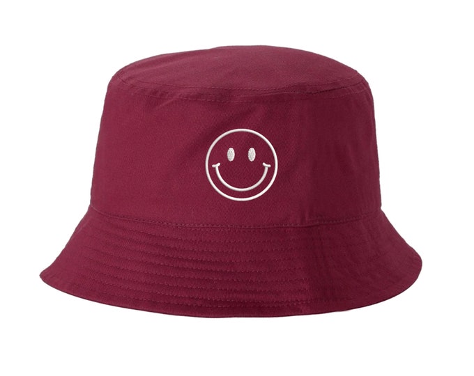 Happy Face Bucket Hat Cap, Smiley Face,  Positive Vibes Hats, gift for her, Embroidered Bucket hats, Unisex Hat, Cute Smiley Face Sun hats