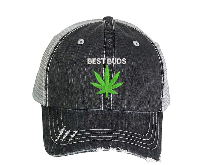 Best Buds Trucker Hat, Weed Distressed Trucker Hat, Embroidered Trucker Caps, Unisex Mesh Back Trucker Hat, Summer Cap Hat
