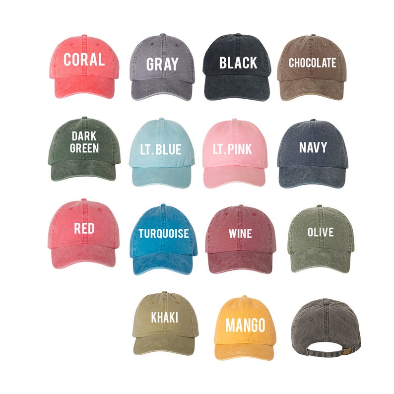May include: A collection of 14 baseball caps in various colors, each with a different color name printed on the front in white text. The colors include coral, gray, black, chocolate, dark green, light blue, light pink, navy, red, turquoise, wine, olive, khaki, and mango.