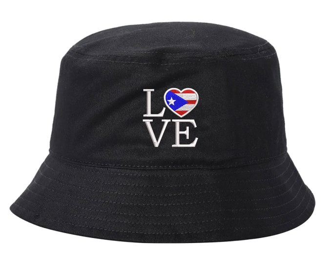 Puerto Rico Love Embroidered Bucket Hat, Puerto Rican Baseball Hat, PR Hat, Unisex Bucket Hats, Custom Made Cap, Unisex Puerto Rico Hat