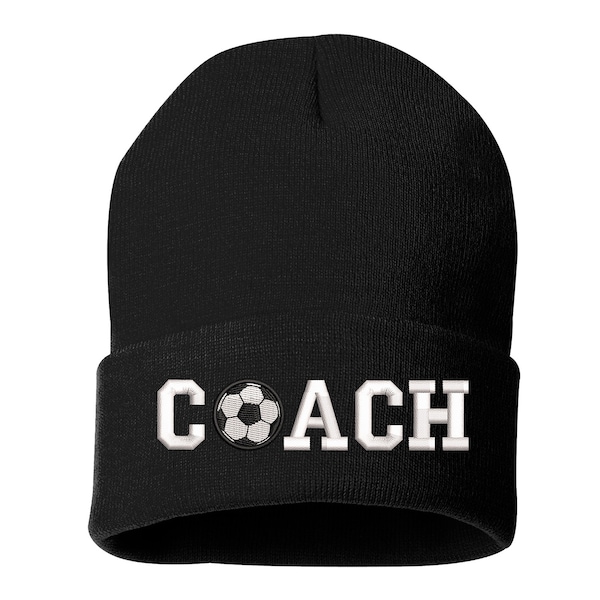 Soccer COACH Beanie Winter Hat  Soccer Embroidered Beanie Gifts for Coach Cuffed Cap Unisex Messy Bun Beanie Sports Coach Gift Slouch Beanie