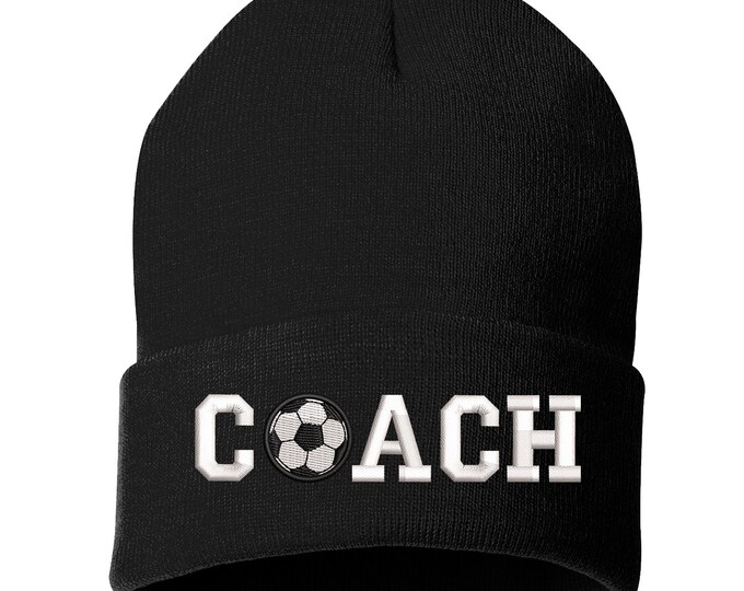 Soccer COACH Beanie Winter Hat  Soccer Embroidered Beanie Gifts for Coach Cuffed Cap Unisex Messy Bun Beanie Sports Coach Gift Slouch Beanie