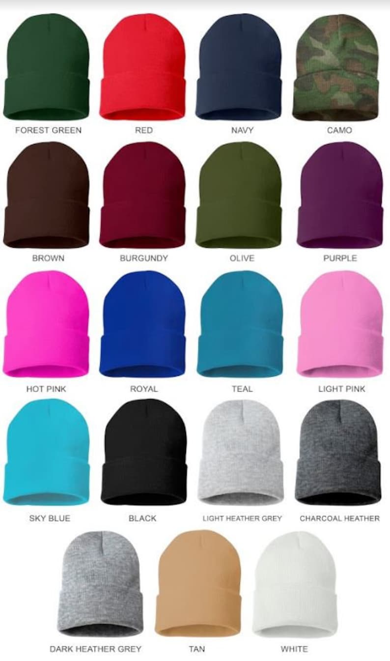 May include: A collection of beanies in various colors, including forest green, red, navy, and camo. Other colors include brown, burgundy, olive, purple, hot pink, royal, teal, light pink, sky blue, black, and gray.