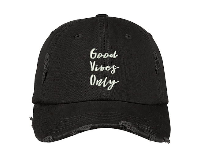 GOOD VIBES ONLY, Distressed Dad Hat, Embroidered Cursive "Good Vibes Only", Low Profile Positive Attitude Baseball Cap Hat, Black