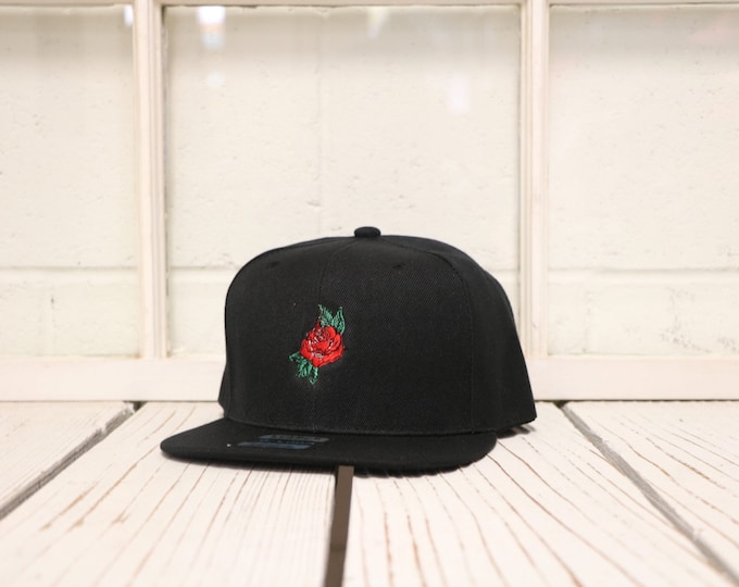 Flat Bill Snapback Cap Hat  "ROSE" 3D Hip Hop Baseball Hats Black/Black Bill