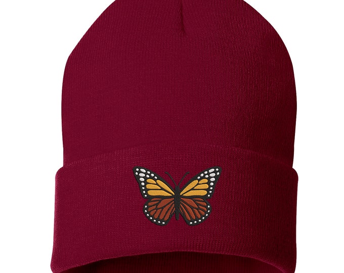 Monarch Butterfly Cuffed Beanie Hat, Nature Beanie, Embroidered Beanie Cap, Animal Lovers, Gift for Him, Plant Parent Hat, Plant Dad Beanies