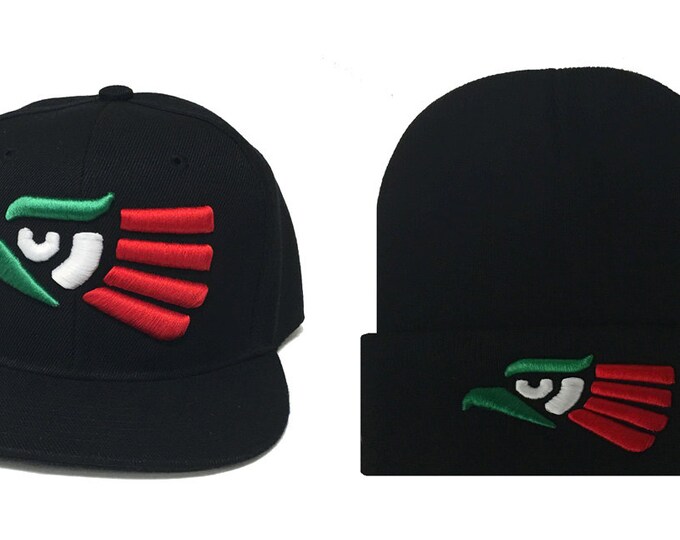 MEXICO EAGLE Hecho en Mexico  Black  Cuffed Long Beanie  & Black Snapback Cap Beanie Set