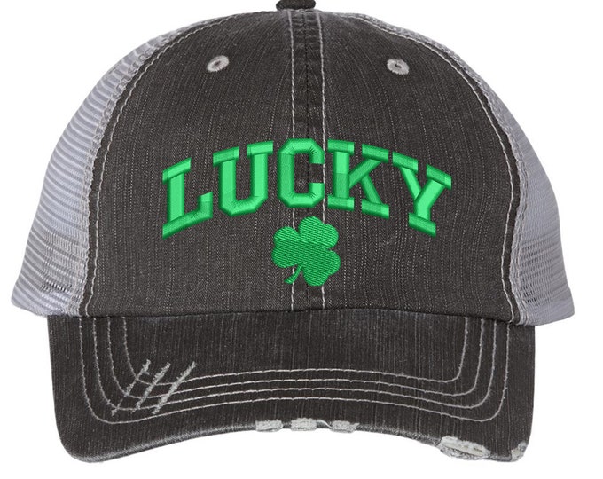 LUCKY St Patricks Distressed Trucker Hat, Clover St Pattys Day Cap, St Paddy's Day, Lucky Day Drinking Cap, Lucky Hat