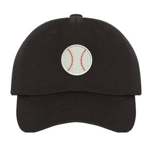 May include: A black baseball cap with a white baseball embroidered on the front.