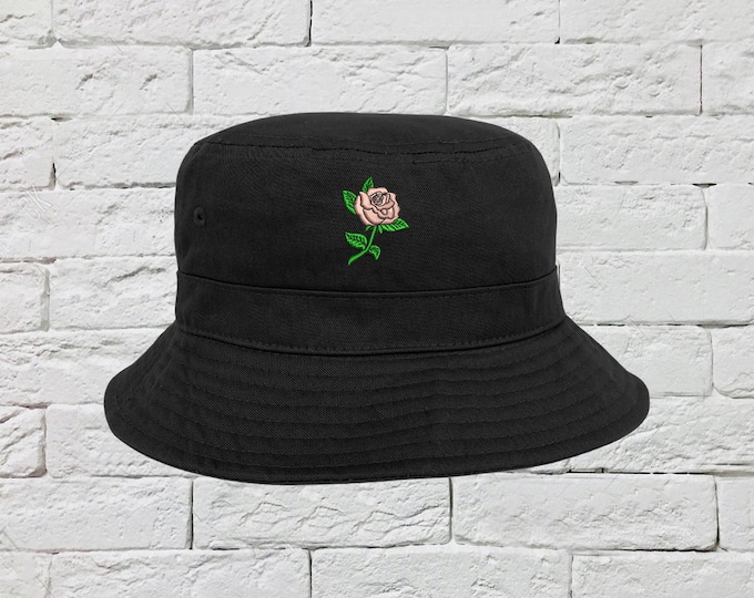 Pink Rose Stem Bucket Hat, Unisex Sun Hats, Fisherman Bucket Hat, Embroidered Hat, Unisex Introvert Bucket Hat, Summer Bucket Caps, Rose Hat