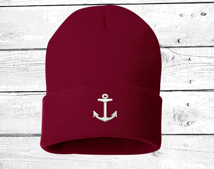 Winter Hat Anchor Embroidered Beanie Cuffed Cap, Unisex, Messy Bun Beanie Slouch Beanie, Funny Gift