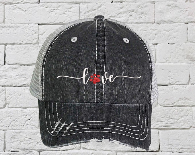 Love Paw Trucker Hat, Dog Paw Distressed Trucker Hat, Dom mom Trucker Cap, Gift for dog owner, Dog dad Trucker Hat, Gifts for dog parents