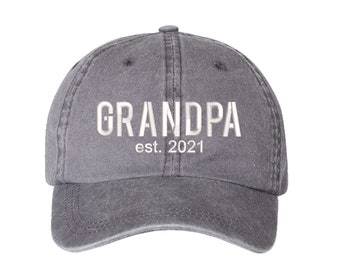 Grandpa Est. 2021 Washed Baseball Dad Hat, Grandpa Hat, Embroidered Dad Hat, Grandpa Dad Hat, Gifts for Grandfathers, Grandpa Est. 2021 Hats