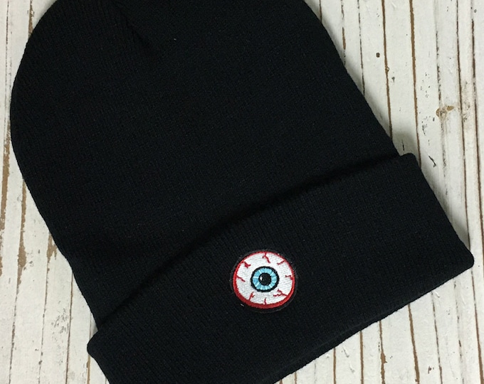 EYEBALL | Third Eye | Bloody Eyeball | Eyeball Patch | Goth Hat | Embroidered | Beanie Cuffed Cap | Multiple Colors