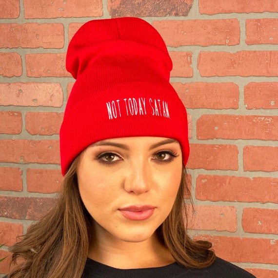 Not Today Satan Beanie Hat, Winter Hat Embroidered Beanie Cuffed Cap, Unisex Messy Bun Beanie Slouch Beanie, Funny Gift Fall Beanies