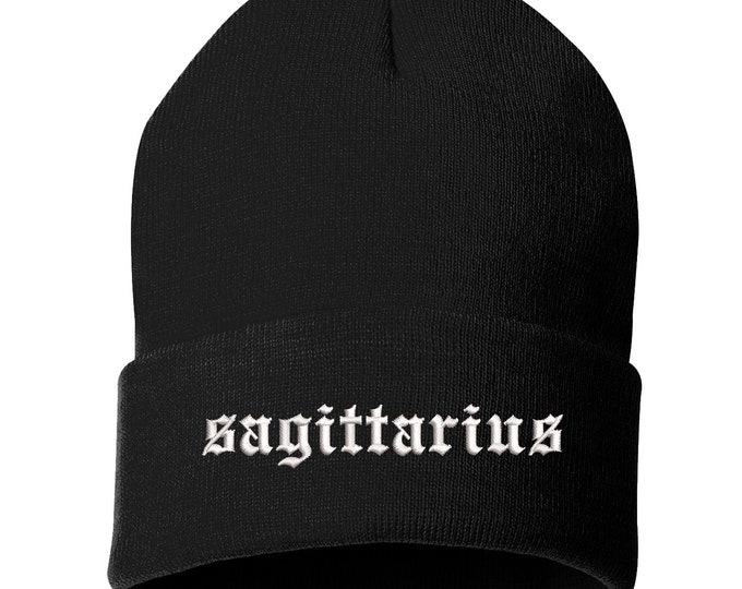 Sagittarius Lowercase Embroidered Beanie Cuffed Cap, Unisex, Messy Bun Beanie Slouch Beanie, Astrology Gift