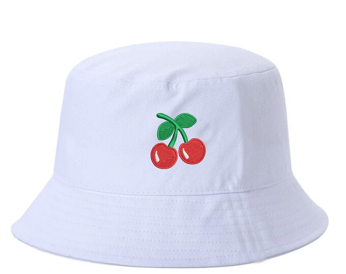 Cherry Fruit Bucket Hat, Red Cherry Sun Hat, Fisherman Bucket Hat, Embroidered Hat, Unisex Bucket Hat, Trendy Bucket Hats Summer Bucket Cap