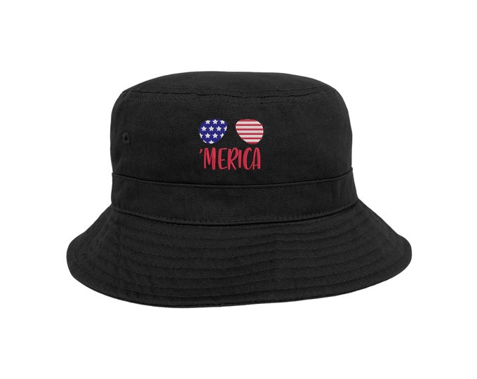 Merica Sunglasses Bucket Hat, USA Unisex Hats, Fourth of July Hats, American Hats, Embroidered Unisex Bucket Hats, Patriotic Bucket Caps