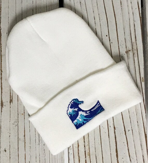 WAVE Emoji Embroidered Cuffed Beanie, White Acrylic Knit Winter Hat, Unisex